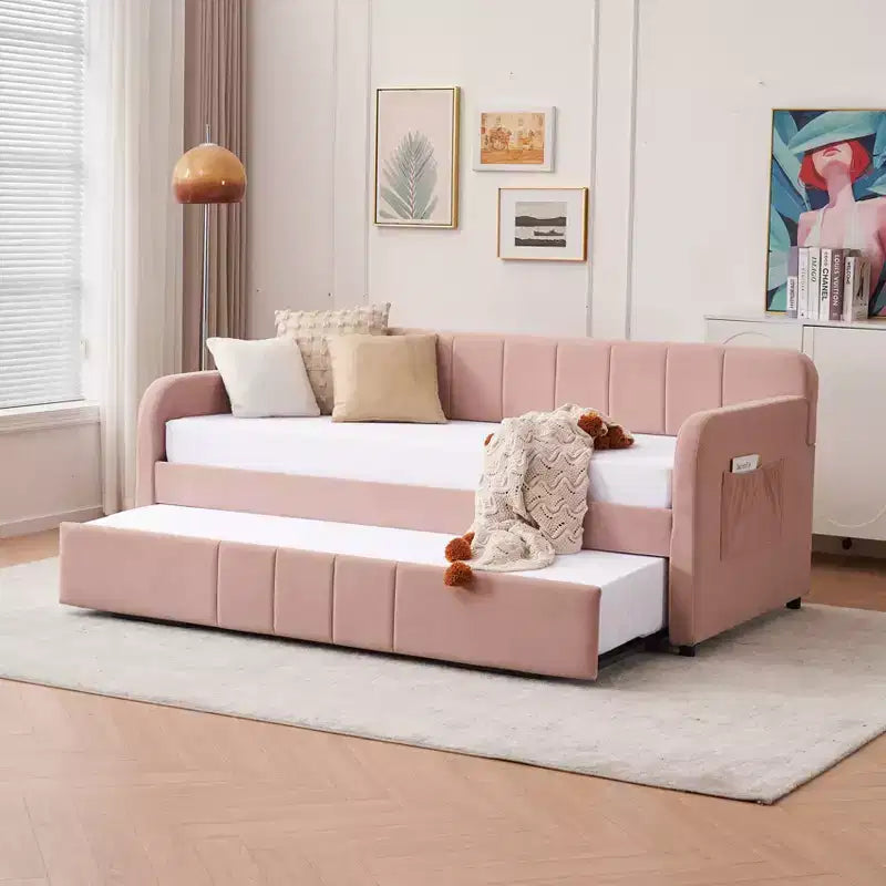 Lit de repos simple avec lit gigogne, canapé-lit en velours avec ports USB et poches latérales pour salon, chambre, chambre d'amis - ModernLuxe