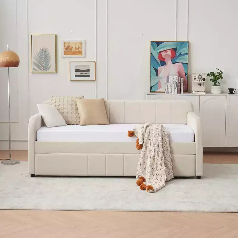 Lit de repos simple avec lit gigogne, canapé-lit en velours avec ports USB et poches latérales pour salon, chambre, chambre d'amis - ModernLuxe