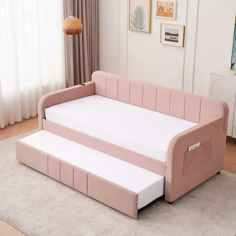 Lit de repos simple avec lit gigogne, canapé-lit en velours avec ports USB et poches latérales pour salon, chambre, chambre d'amis - ModernLuxe