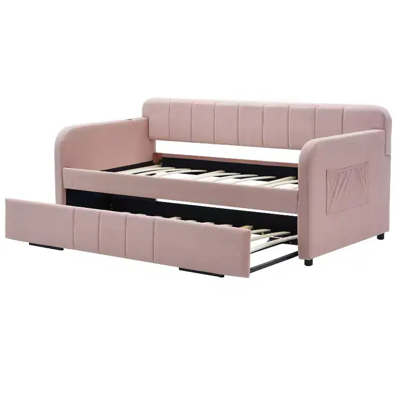 Lit de repos simple avec lit gigogne, canapé-lit en velours avec ports USB et poches latérales pour salon, chambre, chambre d'amis - ModernLuxe