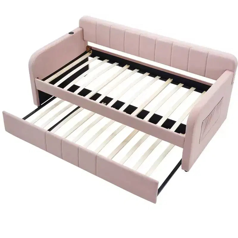Lit de repos simple avec lit gigogne, canapé-lit en velours avec ports USB et poches latérales pour salon, chambre, chambre d'amis - ModernLuxe