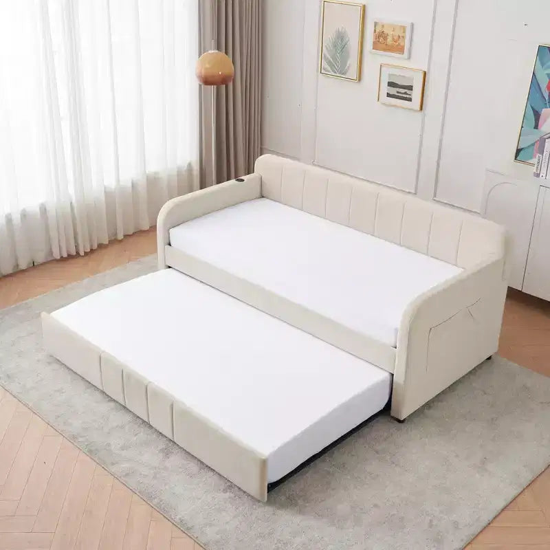 Lit de repos simple avec lit gigogne, canapé-lit en velours avec ports USB et poches latérales pour salon, chambre, chambre d'amis - ModernLuxe