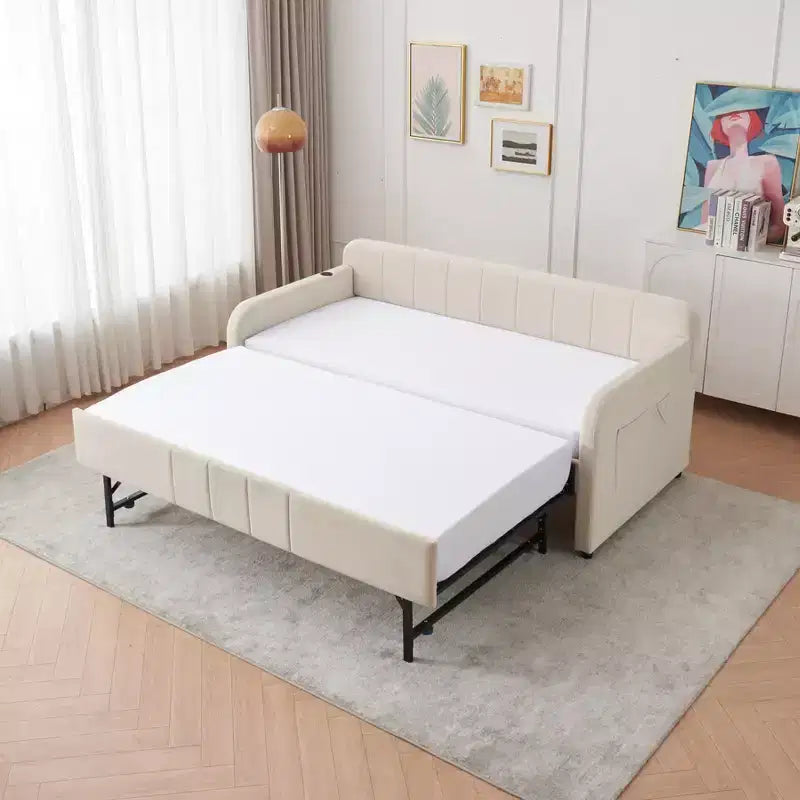 Lit de repos simple avec lit gigogne, canapé-lit en velours avec ports USB et poches latérales pour salon, chambre, chambre d'amis - ModernLuxe