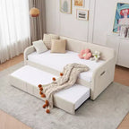 Twin Size Daybed with Trundle, Velvet Sofa Bed with USB Ports & Side Pockets for Living Room, Bedroom, Guest Room - ModernLuxe