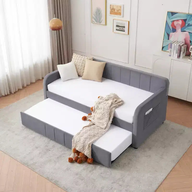 Lit de repos simple avec lit gigogne, canapé-lit en velours avec ports USB et poches latérales pour salon, chambre, chambre d'amis - ModernLuxe