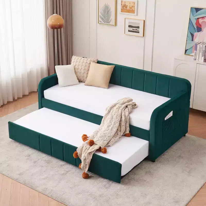 Lit de repos simple avec lit gigogne, canapé-lit en velours avec ports USB et poches latérales pour salon, chambre, chambre d'amis - ModernLuxe
