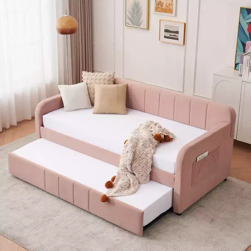 Lit de repos simple avec lit gigogne, canapé-lit en velours avec ports USB et poches latérales pour salon, chambre, chambre d'amis - ModernLuxe