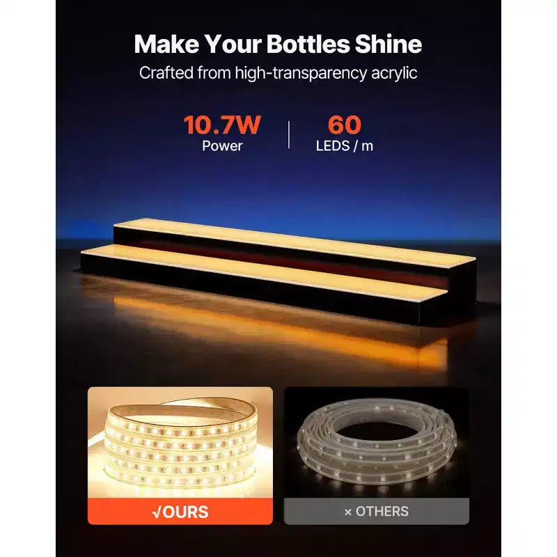 Étagère de présentation de bouteilles d'alcool lumineuse à LED VEVOR, 2 niveaux 101,6 cm, compatible USB, présentoir lumineux en acrylique pour bar à domicile avec télécommande RF et contrôle par application, noir+blanc