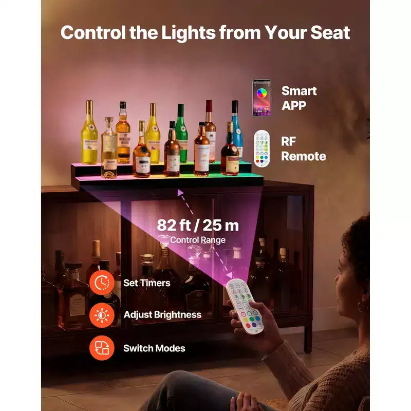Étagère de présentation de bouteilles d'alcool lumineuse à LED VEVOR, 2 niveaux 101,6 cm, compatible USB, présentoir lumineux en acrylique pour bar à domicile avec télécommande RF et contrôle par application, noir+blanc