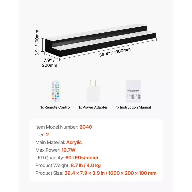 Étagère de présentation de bouteilles d'alcool lumineuse à LED VEVOR, 2 niveaux 101,6 cm, compatible USB, présentoir lumineux en acrylique pour bar à domicile avec télécommande RF et contrôle par application, noir+blanc