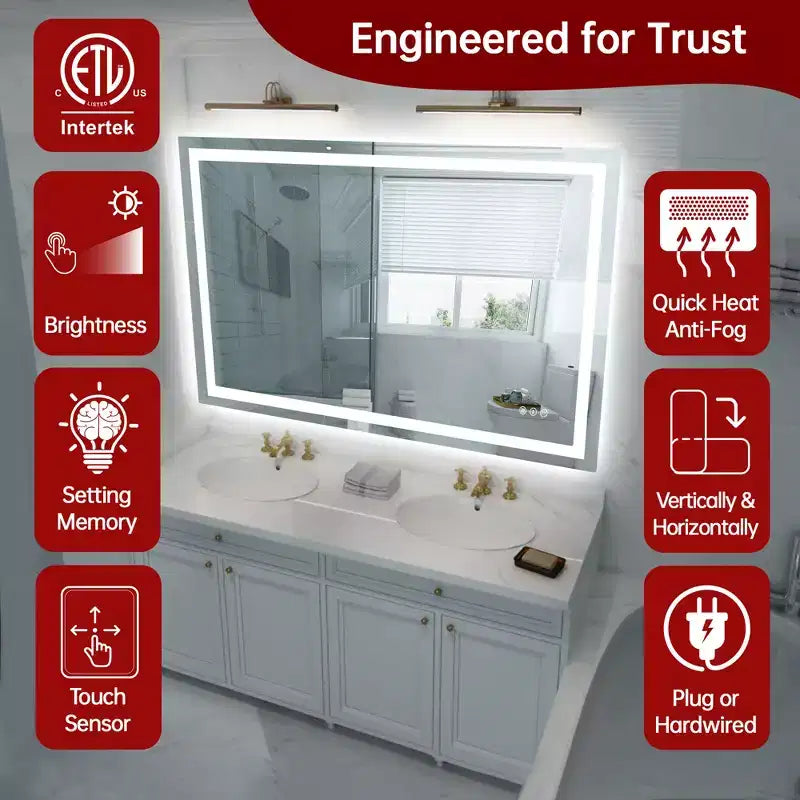 Miroir de salle de bain mural SUMERAIN 48x32 incassable, antibuée, avec éclairage LED intelligent ETL
