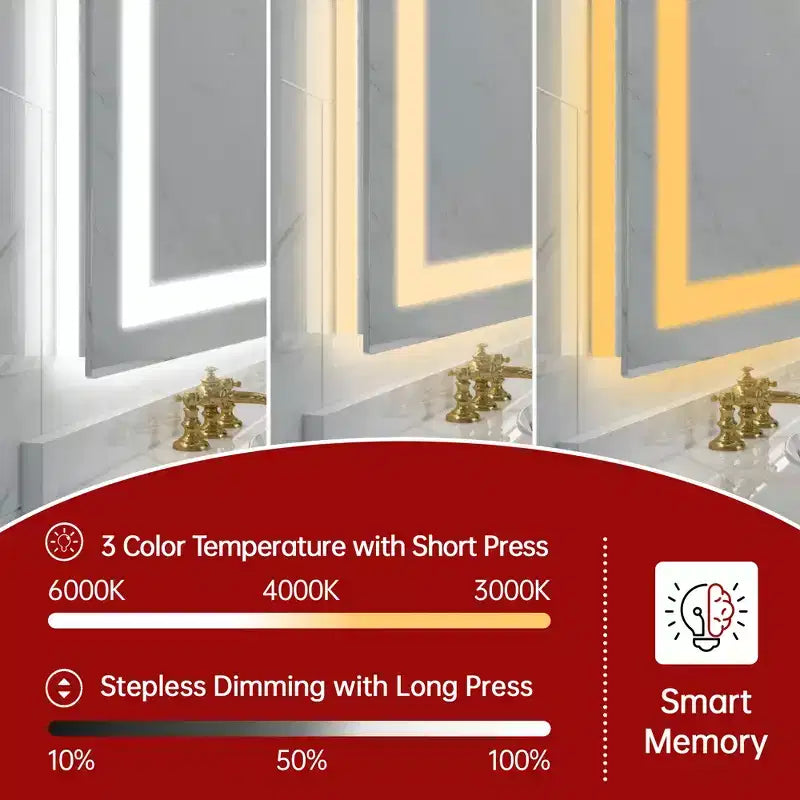 Miroir de salle de bain mural SUMERAIN 48x32 incassable, antibuée, avec éclairage LED intelligent ETL