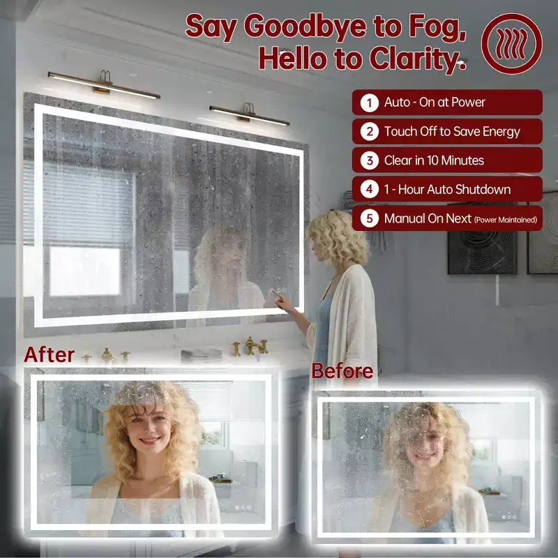 Miroir de salle de bain mural SUMERAIN 48x32 incassable, antibuée, avec éclairage LED intelligent ETL