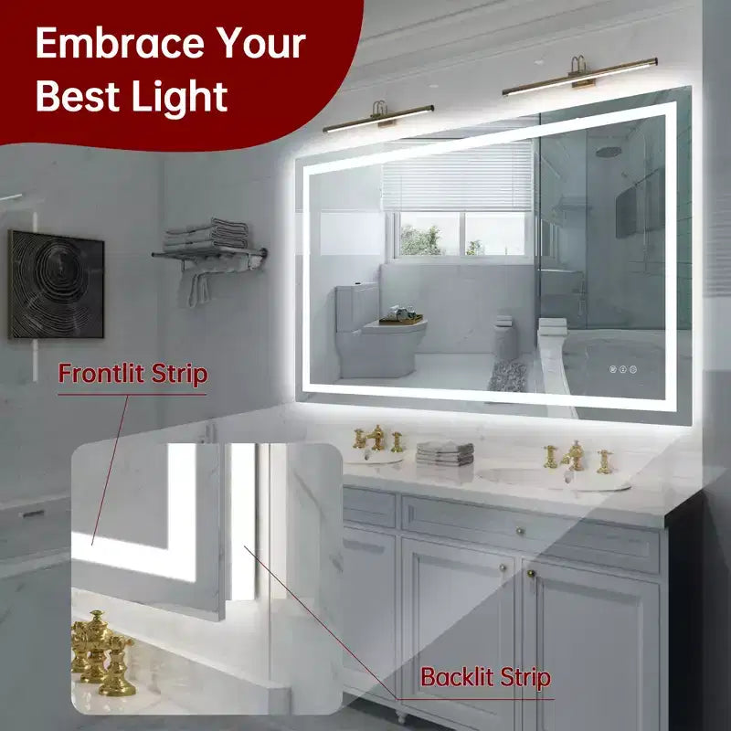 Miroir de salle de bain mural SUMERAIN 48x32 incassable, antibuée, avec éclairage LED intelligent ETL
