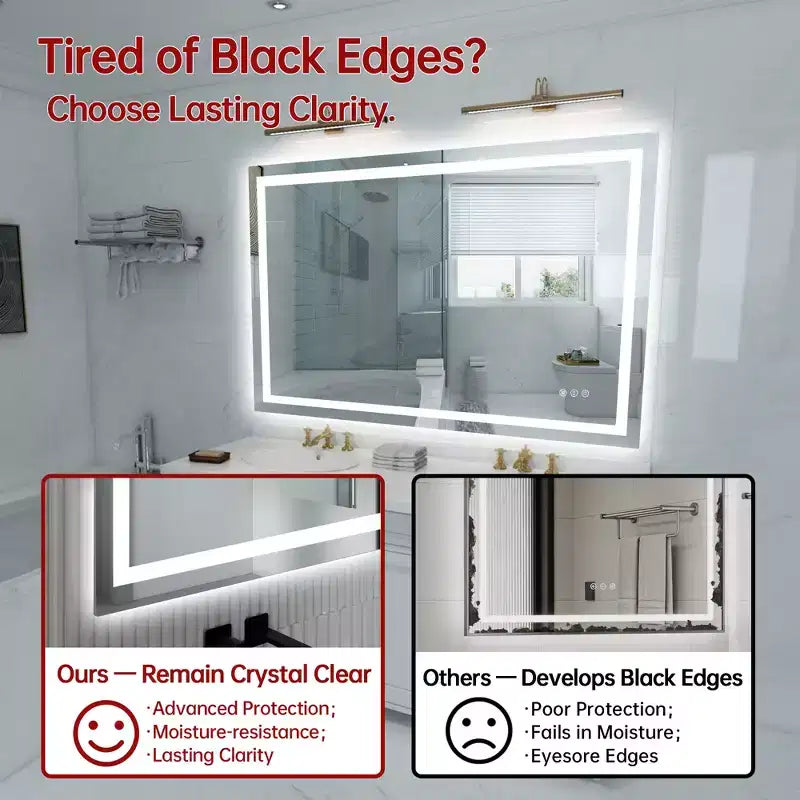 Miroir de salle de bain mural SUMERAIN 48x32 incassable, antibuée, avec éclairage LED intelligent ETL