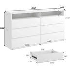 Commode double à 6 tiroirs Dyonery avec lumières DEL, grand coffre de rangement avec étagères ouvertes, blanche