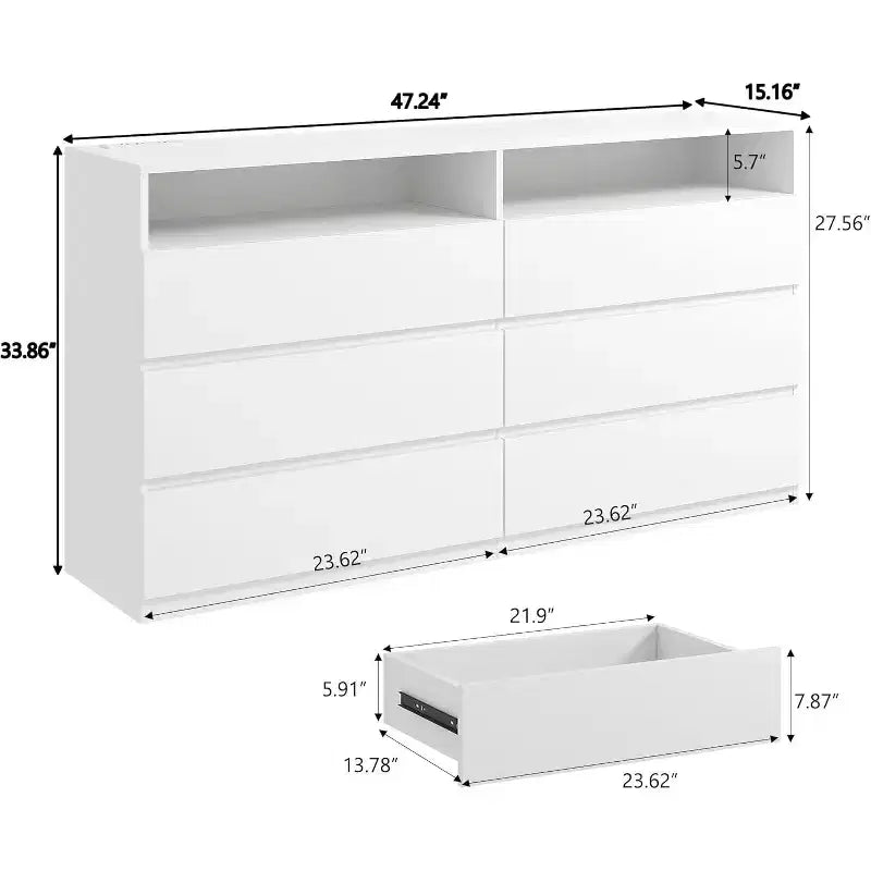 Commode double à 6 tiroirs Dyonery avec lumières DEL, grand coffre de rangement avec étagères ouvertes, blanche