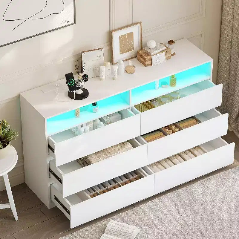 Commode double à 6 tiroirs Dyonery avec lumières DEL, grand coffre de rangement avec étagères ouvertes, blanche