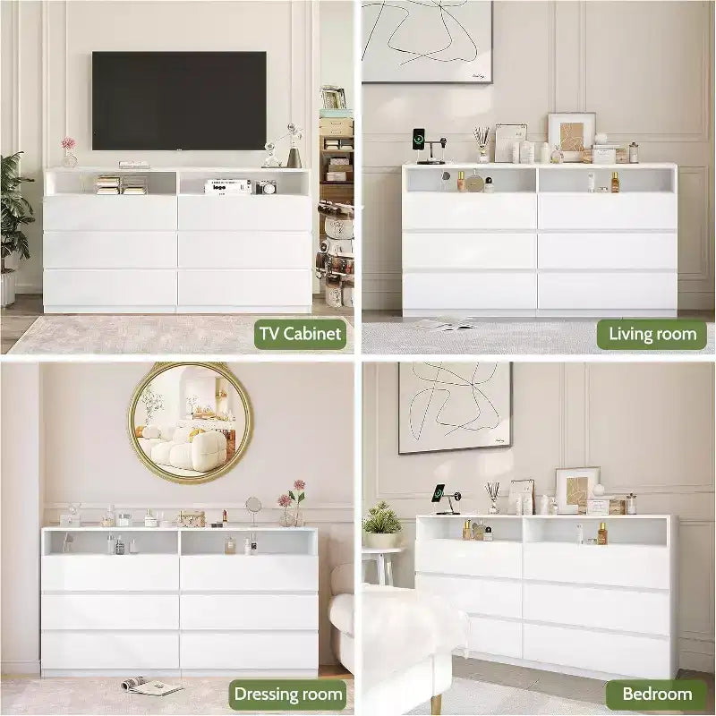 Commode double à 6 tiroirs Dyonery avec lumières DEL, grand coffre de rangement avec étagères ouvertes, blanche