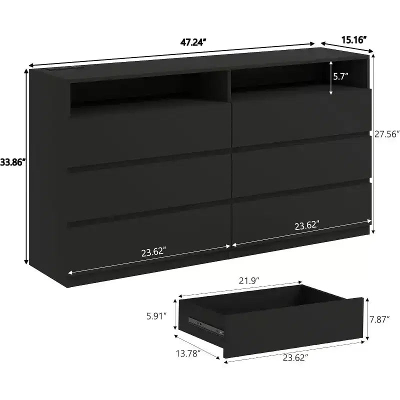 Commode double à 6 tiroirs Dyonery avec lumières DEL, grand coffre de rangement avec étagères ouvertes, blanche