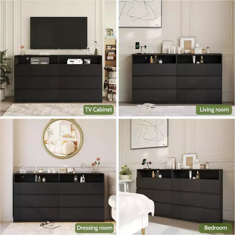 Commode double à 6 tiroirs Dyonery avec lumières DEL, grand coffre de rangement avec étagères ouvertes, blanche