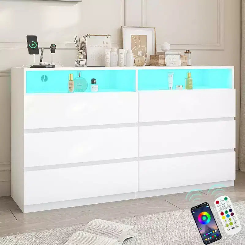 Commode double à 6 tiroirs Dyonery avec lumières DEL, grand coffre de rangement avec étagères ouvertes, blanche