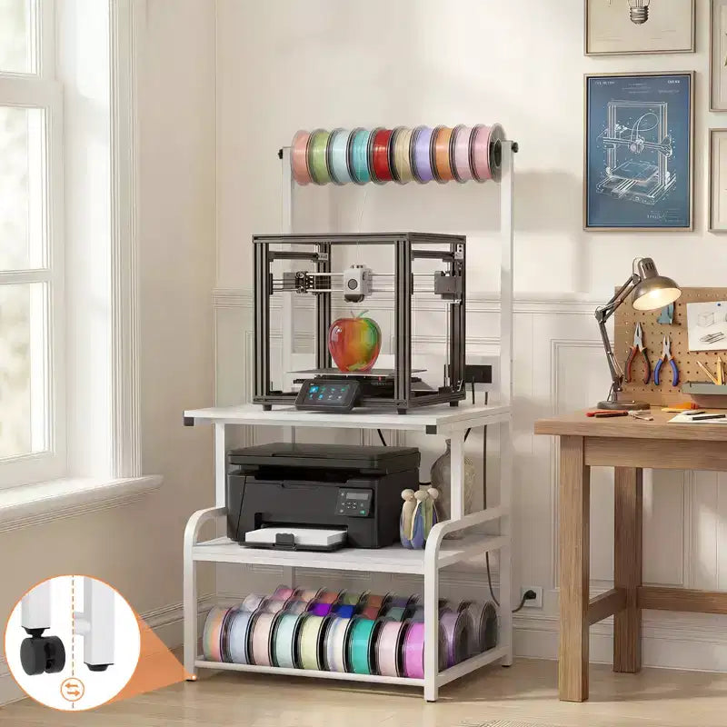 Besiost Grande Table d'Imprimante avec Rangement 4 Niveaux et Station de Charge, Table d'Imprimante 3D avec Rangement de Filament et Roulettes