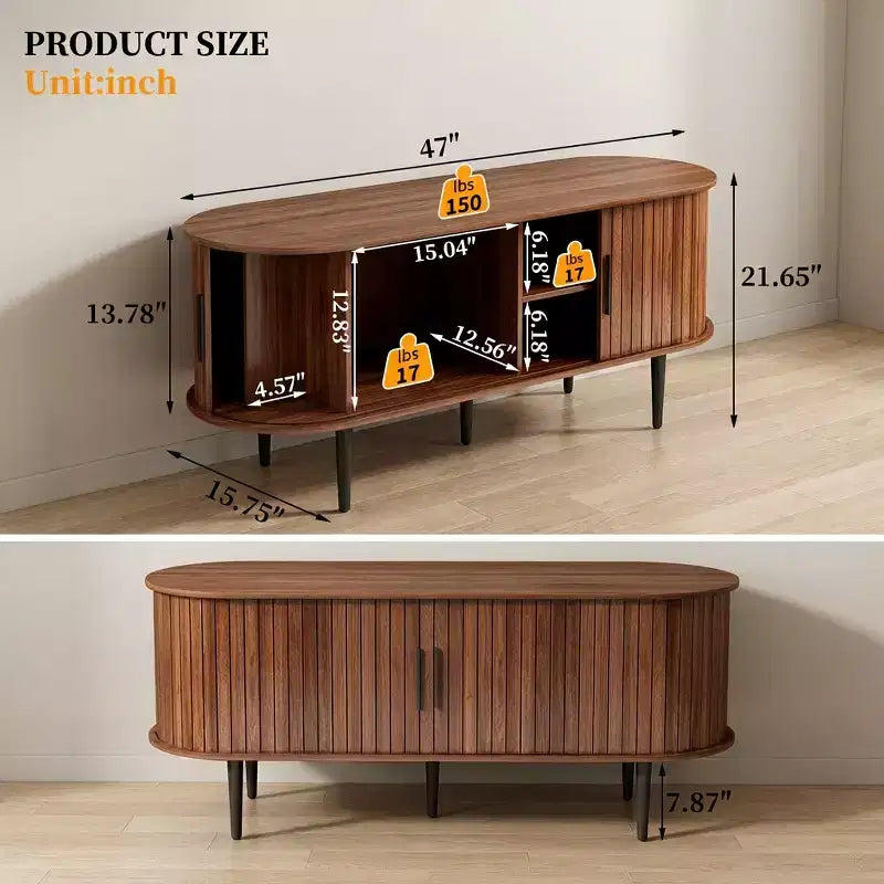 JVNOXK 47 Walnut Meuble TV moderne avec porte coulissante et compartiment de rangement