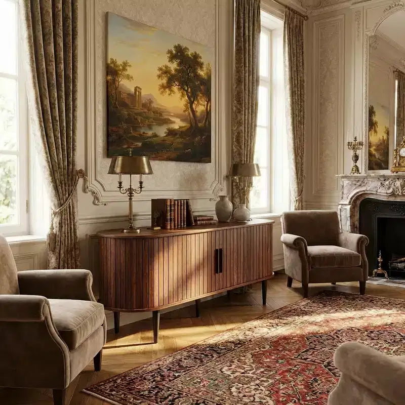 JVNOXK 47 Walnut Meuble TV moderne avec porte coulissante et compartiment de rangement