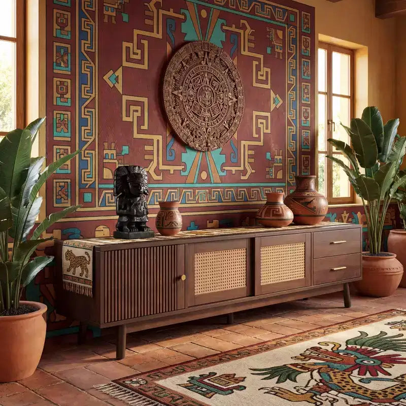 JVNOXK Meuble TV en rotin de style moderne du milieu du siècle pour TV de 80 pouces avec rangement et pieds en bois massif