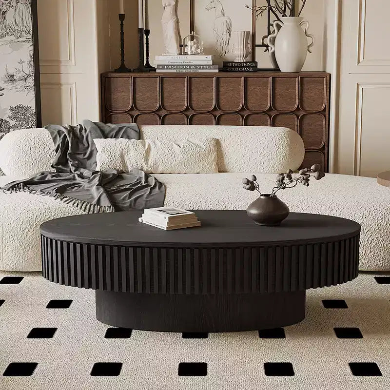 Table basse ovale avec rangement, table basse moderne en bois pour salon, noire