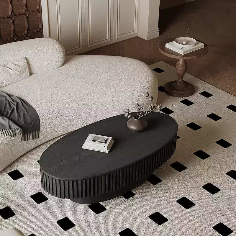 Table basse ovale avec rangement, table basse moderne en bois pour salon, noire