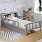 Lit jumeau avec tête de lit de rangement, 2 tiroirs sous le lit et barrières de sécurité, Gris