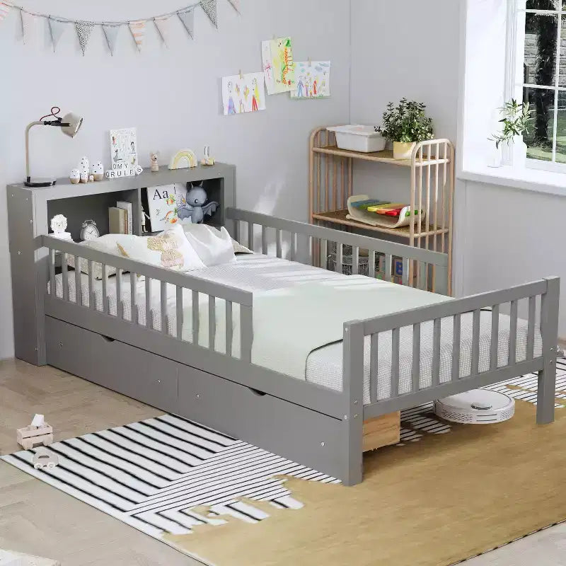 Lit jumeau avec tête de lit de rangement, 2 tiroirs sous le lit et barrières de sécurité, Gris