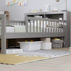 Lit jumeau avec tête de lit de rangement, 2 tiroirs sous le lit et barrières de sécurité, Gris