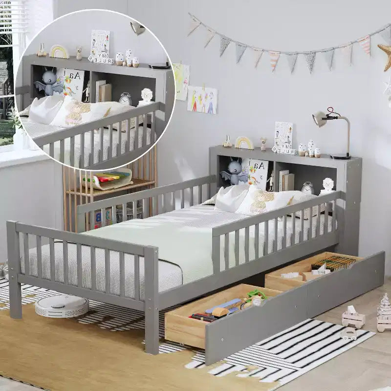Lit jumeau avec tête de lit de rangement, 2 tiroirs sous le lit et barrières de sécurité, Gris