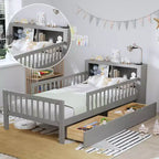 Lit jumeau avec tête de lit de rangement, 2 tiroirs sous le lit et barrières de sécurité, Gris