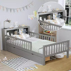 Lit jumeau avec tête de lit de rangement, 2 tiroirs sous le lit et barrières de sécurité, Gris