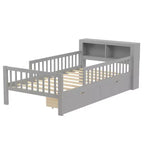 Lit jumeau avec tête de lit de rangement, 2 tiroirs sous le lit et barrières de sécurité, Gris