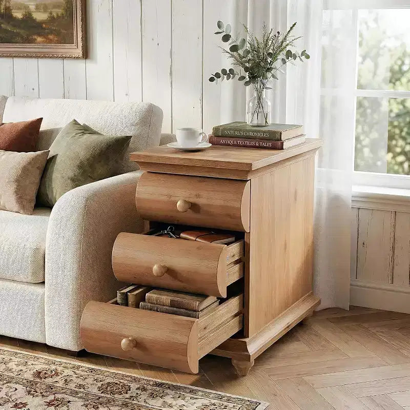 Table d'appoint Lantine en bois massif, table d'appoint étroite avec 3 tiroirs et dos fini pour salon, petits espaces, marron