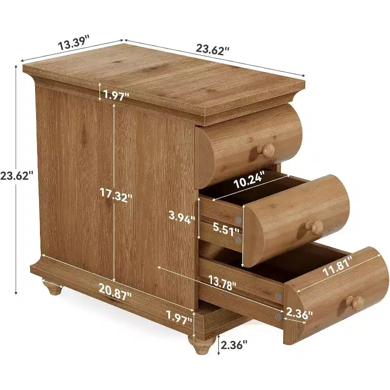 Table d'appoint Lantine en bois massif, table d'appoint étroite avec 3 tiroirs et dos fini pour salon, petits espaces, marron