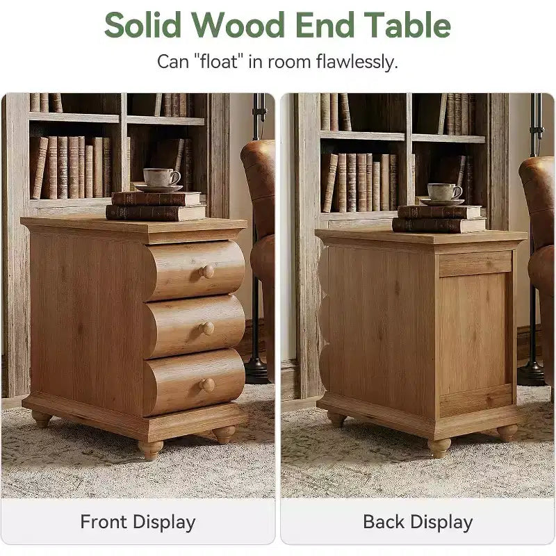 Table d'appoint Lantine en bois massif, table d'appoint étroite avec 3 tiroirs et dos fini pour salon, petits espaces, marron