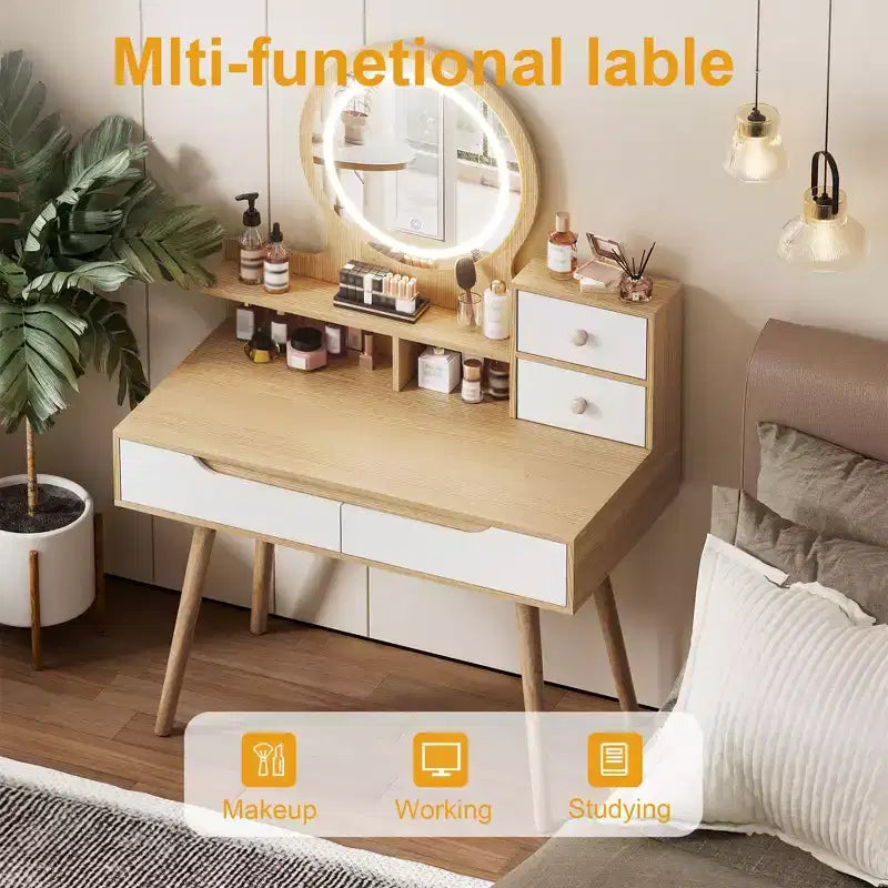 Coiffeuse élégante HYLEORY avec miroir éclairé réglable, pieds de table en bois massif, chêne blanc américain, MDF, taille compacte