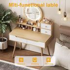 Coiffeuse élégante HYLEORY avec miroir éclairé réglable, pieds de table en bois massif, chêne blanc américain, MDF, taille compacte