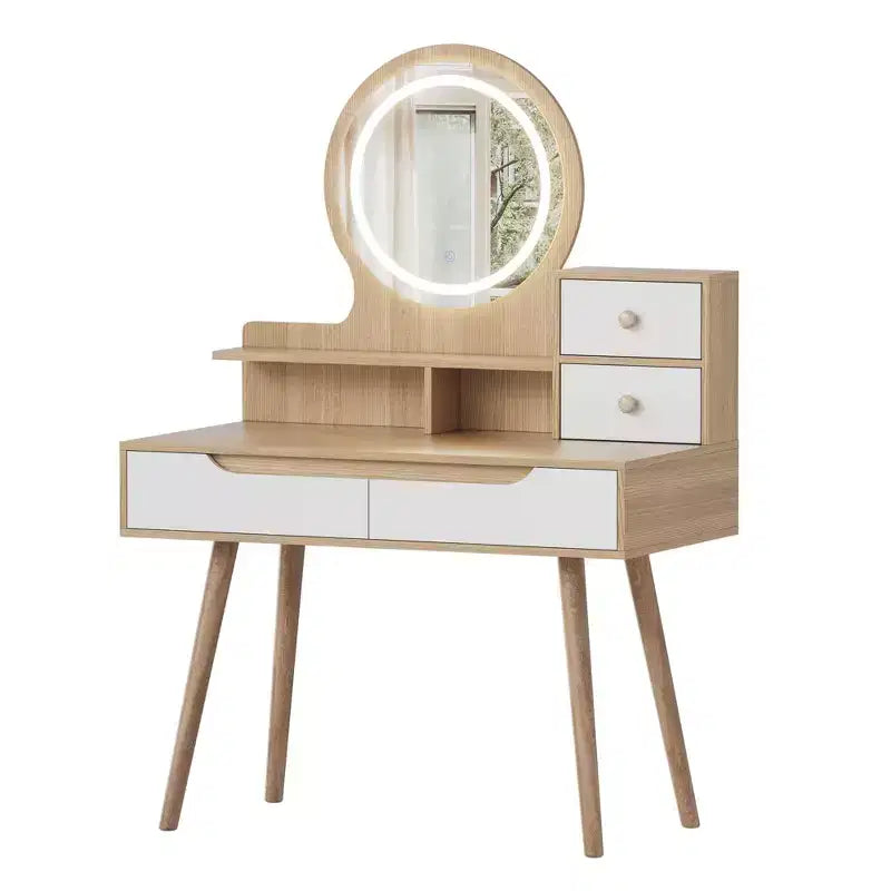Coiffeuse élégante HYLEORY avec miroir éclairé réglable, pieds de table en bois massif, chêne blanc américain, MDF, taille compacte