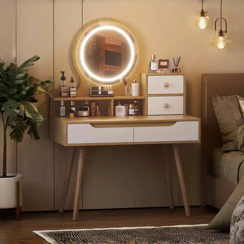 Coiffeuse élégante HYLEORY avec miroir éclairé réglable, pieds de table en bois massif, chêne blanc américain, MDF, taille compacte