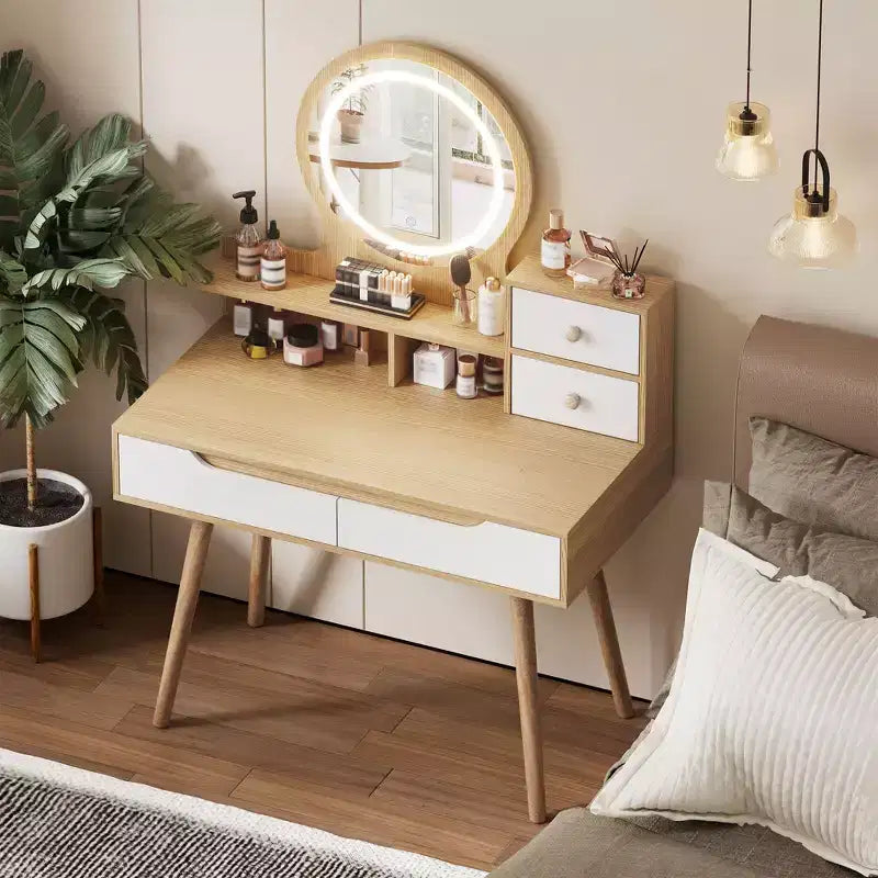 Coiffeuse élégante HYLEORY avec miroir éclairé réglable, pieds de table en bois massif, chêne blanc américain, MDF, taille compacte