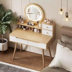 Coiffeuse élégante HYLEORY avec miroir éclairé réglable, pieds de table en bois massif, chêne blanc américain, MDF, taille compacte