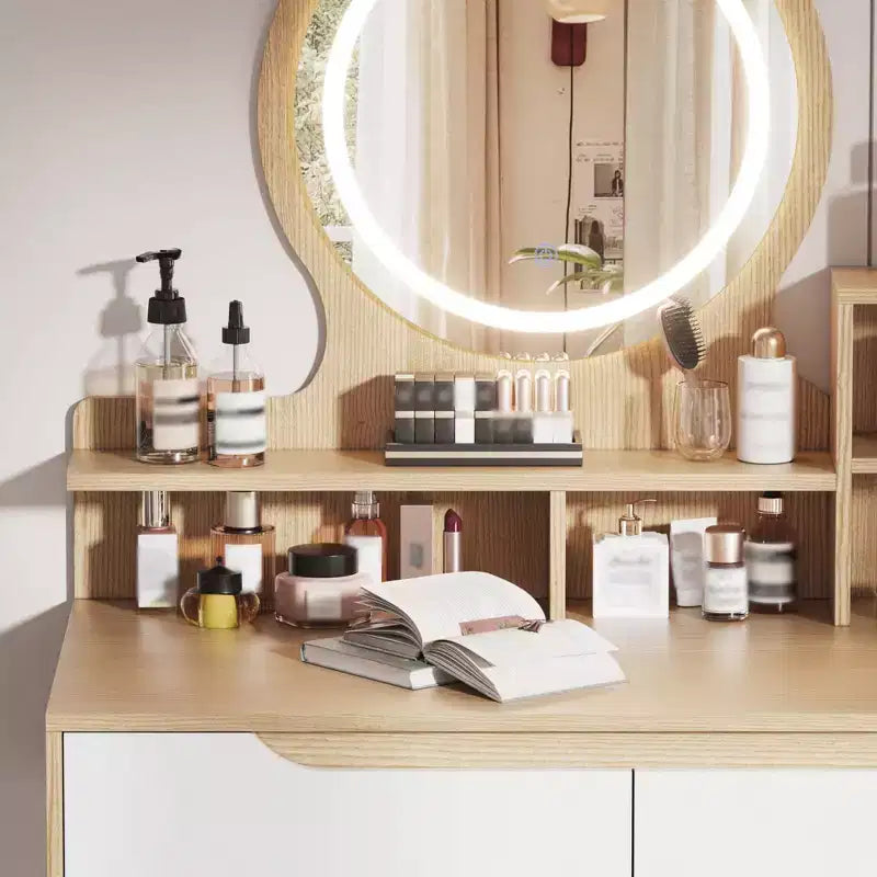 Coiffeuse élégante HYLEORY avec miroir éclairé réglable, pieds de table en bois massif, chêne blanc américain, MDF, taille compacte