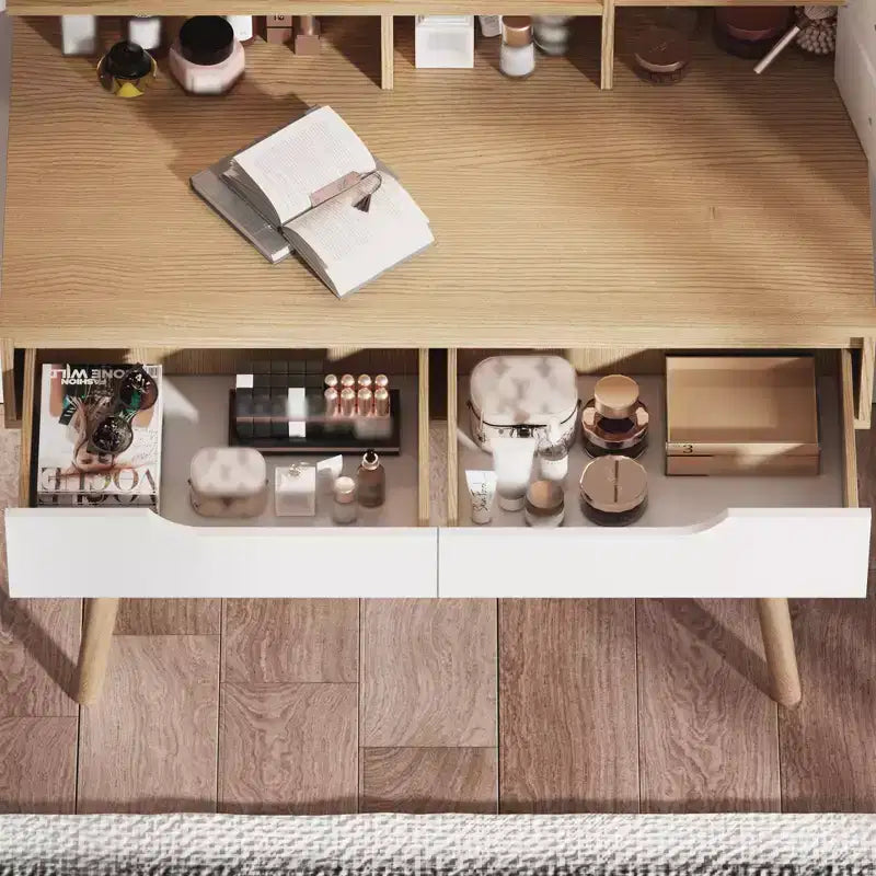 Coiffeuse élégante HYLEORY avec miroir éclairé réglable, pieds de table en bois massif, chêne blanc américain, MDF, taille compacte